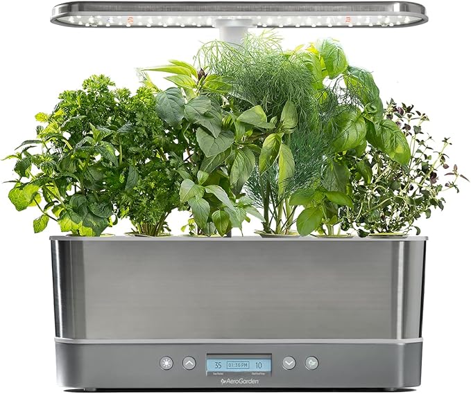 AeroGarden Harvest Elite Slim Indoor Garden Hydroponic System with LED Grow Light and Herb Kit, Holds up to 6 Pods, Stainless